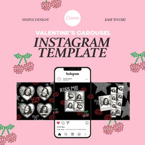Könnte beinhalten: Rosa Instagram-Vorlagendesign mit dem Text "VALENTINE'S CAROUSEL INSTAGRAM TEMPLATE". Das Design umfasst ein Smartphone mit einem Karussell von Bildern, dekorativen Kirschen und dem Text "KISS ME". Das Design enthält auch den Text "SIMPLE DESIGN!" und "EASY TO USE!"