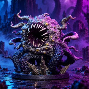 May include: A detailed miniature figurine of a multi-eyed, tentacled creature with a large, gaping maw filled with sharp, pointed teeth. The creature features a textured, purple and grey body with numerous yellow eyes and dark, suckered tentacles.