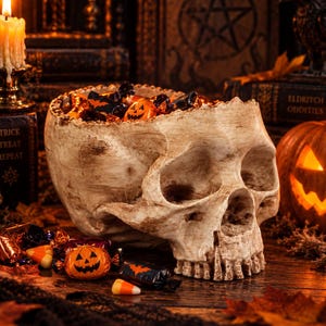 Puede incluir: Un cuenco beige con forma de cráneo desgastado y parte superior hueca, lleno de dulces de Halloween que incluyen envoltorios naranjas con forma de calabaza y láminas negras con motivos de murciélagos sobre una superficie oscura.