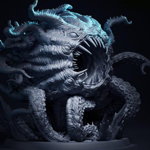 May include: A gray, spherical creature figurine featuring a large central maw filled with sharp, pointed teeth. The entity is covered in numerous small eyes and multiple long, winding tentacles with visible suction cups, all set upon a base.