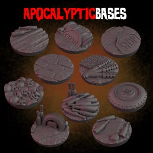 May include: A collection of nine circular bases with post-apocalyptic themes. The bases feature various designs, including skulls, bottles, a tire, and a stop sign. The text "APOCALYPTIC BASES" is displayed at the top of the image.
