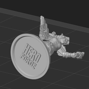 May include: A gray 3D-printed figurine of a female warrior, holding a weapon and leaning against a circular base. The base is embossed with the words "HERO FORCE". The figure is detailed with armor and a feline-like face.