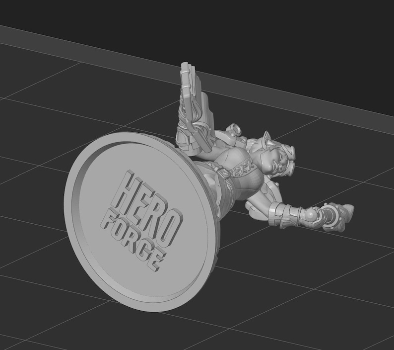 May include: A gray 3D-printed figurine of a female warrior, holding a weapon and leaning against a circular base. The base is embossed with the words "HERO FORCE". The figure is detailed with armor and a feline-like face.