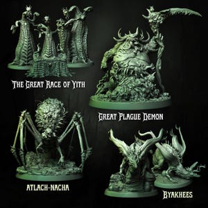 May include: A collection of four detailed, green-toned fantasy miniatures. The text on the image reads "The Great Race of Yith", "Great Plague Demon", "Atlach-Nacha", and "Byakhees". The miniatures depict various monstrous creatures.