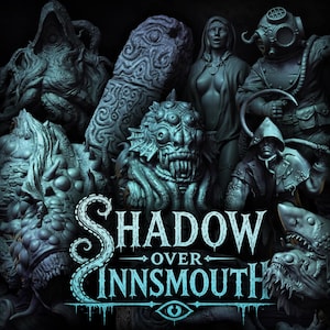 May include: A collection of detailed, dark gray fantasy figurines, including monstrous creatures and human figures. The title "Shadow Over Innsmouth" is displayed in a stylized font with a teal accent. The overall theme is horror and fantasy.
