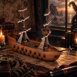 May include: A wooden model ship featuring two masts with white sails, rigging, and a detailed hull. The vessel is positioned on a surface with a nautical map, a brass compass, and a telescope, capturing a classic maritime aesthetic.