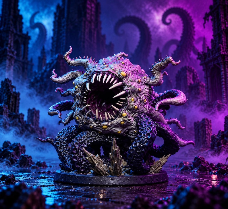 May include: A detailed miniature figurine of a multi-eyed, tentacled creature with a large, gaping maw filled with sharp, pointed teeth. The creature features a textured, purple and grey body with numerous yellow eyes and dark, suckered tentacles.