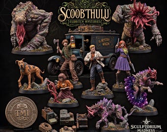 May include: A collection of painted miniature figurines featuring a dark blue van labeled The Mystery Wagon, four human characters, a brown dog, and several monstrous creatures. The set includes a circular coin with the text TMI and Scoob'thulu.