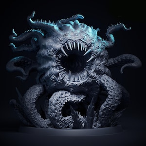May include: A grey, spherical creature figurine featuring a large central mouth filled with sharp, pointed teeth. The body is covered in numerous small eyes and multiple long, winding tentacles with visible suction cups extending outward.