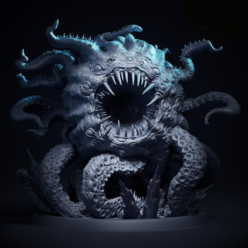 May include: A grey, spherical creature figurine featuring a large central mouth filled with sharp, pointed teeth. The body is covered in numerous small eyes and multiple long, winding tentacles with visible suction cups extending outward.