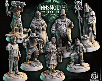 May include: A collection of gray resin figurines depicting characters from the "Innsmouth People" series. The figures include a variety of detailed characters, such as a man with a top hat, a woman with a shawl, and a figure holding a staff.