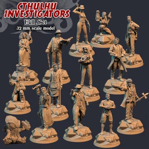 May include: A full set of 32 mm scale model figurines of Cthulhu Investigators. The set includes multiple detailed figures of investigators, each posed on a rocky base. The figures are in a neutral color, with the text "CTHULHU INVESTIGATORS" at the top.