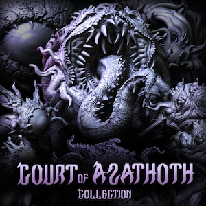 Könnte beinhalten: Detaillierte Graustufen-Illustration einer monströsen Kreatur mit aufgerissenem Maul voller scharfer Zähne. Das Bild zeigt Tentakel und andere groteske Elemente, mit dem Text "Court of Azathoth Collection" in einer stilisierten Schriftart.