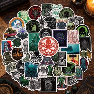 May include: A collection of numerous stickers featuring Cthulhu-themed illustrations, occult symbols, and Miskatonic University logos. The designs include various octopus-like creatures, skulls, and geometric patterns in a mix of green, black, red, and white colors.