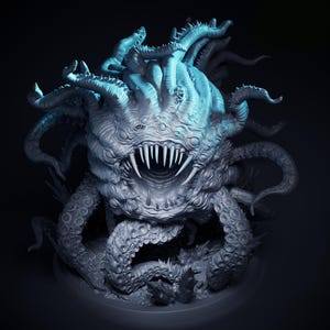 May include: A grey, multi-eyed monster figurine with a large central maw filled with sharp, pointed teeth. The creature features numerous writhing tentacles covered in suckers, extending outward from a central mass, illuminated by a cool blue light.