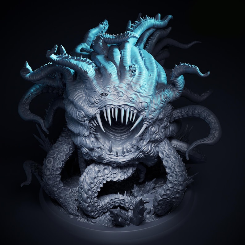 May include: A grey, multi-eyed monster figurine with a large central maw filled with sharp, pointed teeth. The creature features numerous writhing tentacles covered in suckers, extending outward from a central mass, illuminated by a cool blue light.
