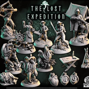 Puede incluir: Colección de figuras en miniatura sin pintar de la serie "The Lost Expedition". El conjunto incluye aventureros con armas, monstruos y accesorios de camping. Las figuras son de un material gris claro y están diseñadas para juegos de mesa.