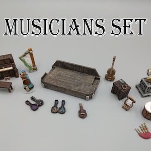 May include: A set of miniature musical instruments, including a piano, harp, violin, and drum, arranged on a grey surface. The text "MUSICIANS SET" is displayed above the instruments. The set includes a stage and a gramophone.