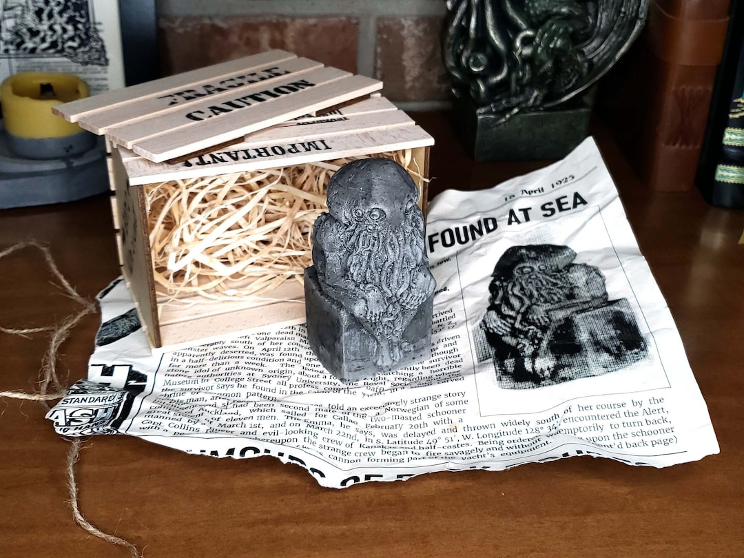 Cthulhu Stone Idol | Newspaper & Crate | Lovecraft Concrete Statue | Mythos Occult Prop