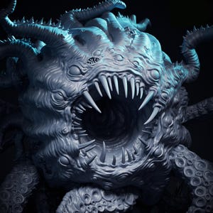 May include: A grey, spherical creature figurine featuring a large central mouth filled with sharp, pointed teeth. The surface is covered in numerous small, circular eyes and textured, tentacle-like appendages extending from the main body mass.