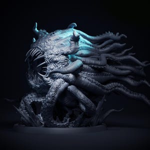 May include: A grey, spherical creature figurine featuring a large central maw with sharp, pointed teeth, multiple small eyes across its surface, and numerous long, flowing tentacles extending from its body, all set on a circular base.