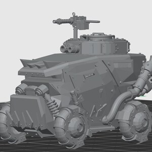 May include: A gray, armored vehicle model with a turret-mounted machine gun. The vehicle has large, stylized wheels and exhaust pipes. The design features sharp angles and industrial details, suggesting a futuristic or military theme.