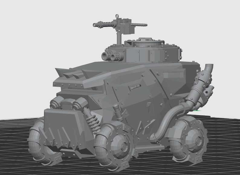 May include: A gray, armored vehicle model with a turret-mounted machine gun. The vehicle has large, stylized wheels and exhaust pipes. The design features sharp angles and industrial details, suggesting a futuristic or military theme.