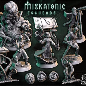 May include: A selection of grey miniature figures, featuring a large, monstrous entity and several human-like figures in Victorian attire. The figures are labelled "Miskatonic Eggheads", likely for tabletop gaming or display purposes.