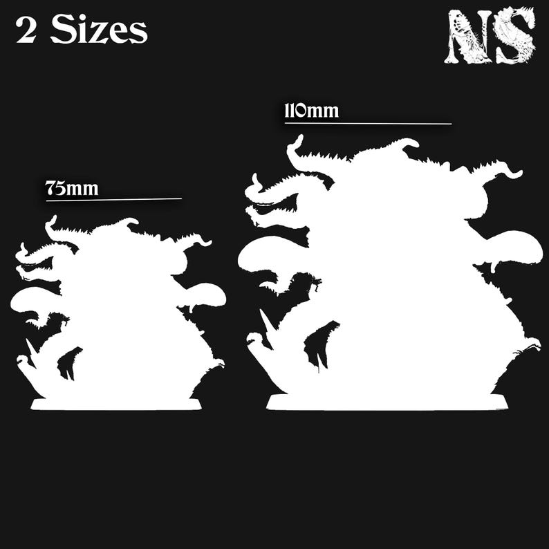 May include: Two white silhouettes of a multi-tentacled creature figurine against a black background. The text 2 Sizes appears in the top left, NS in the top right, and labels indicate heights of 75mm and 110mm for the two distinct scale versions.