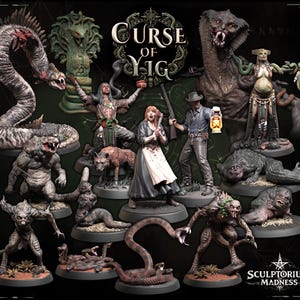 May include: A collection of painted tabletop gaming miniatures titled Curse of Yig, featuring various monstrous snake-like creatures, a hooded figure, a person holding an axe, and a person holding a lantern and rifle, all on circular bases.