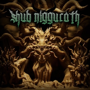Puede incluir: Ilustración en tonos sepia de una criatura monstruosa con numerosos tentáculos y cuernos. El texto "Shub-Niggurath" se muestra en verde, con una fuente gótica. La obra tiene un tema oscuro y ominoso, con muchos detalles.