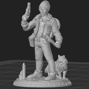 May include: A detailed figurine of a person in a jacket, beanie, and sunglasses, holding a gun and a knife. A dog stands beside the person. The figurine is on a base with a candle and a decorative border. The figure has a rope on its back.