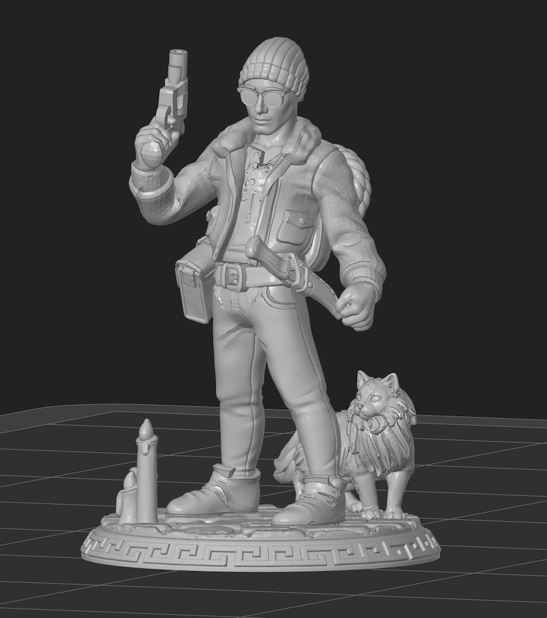 May include: A detailed figurine of a person in a jacket, beanie, and sunglasses, holding a gun and a knife. A dog stands beside the person. The figurine is on a base with a candle and a decorative border. The figure has a rope on its back.