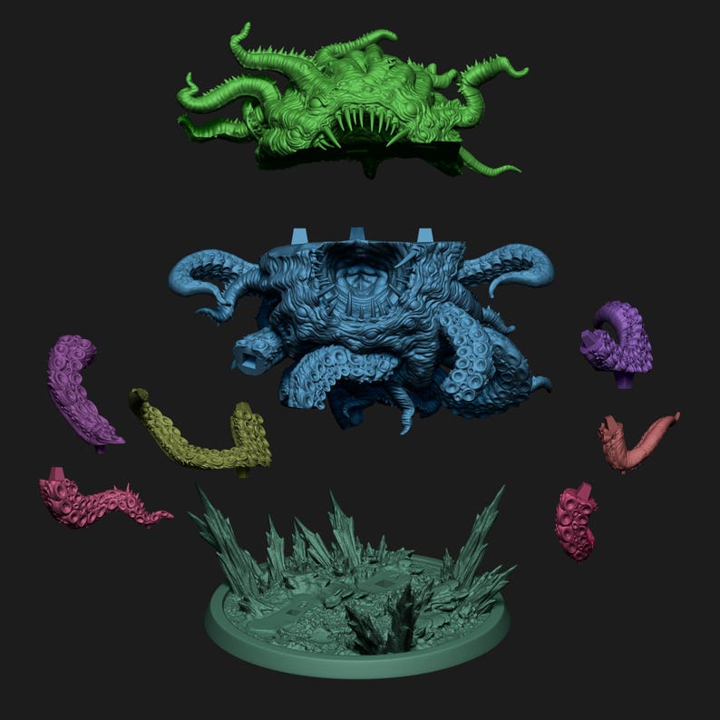May include: A multi-part 3D printed model kit of a monster featuring a green top section with tentacles, a blue central body with multiple appendages, a circular base with jagged spikes, and several detached purple, pink, and olive green tentacles.