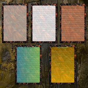 May include: Five rectangular stationery sheets featuring a border of orange broomsticks and small stars on a black background. The sheets have horizontal lines for writing, with two bottom sheets displaying the text Your Heading Here in script.