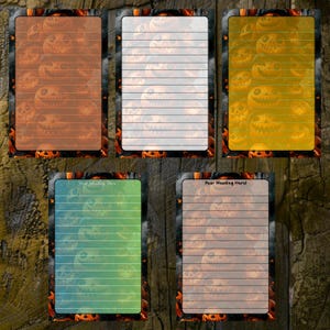 May include: Five rectangular stationery sheets featuring a repeating pattern of carved jack-o'-lanterns with glowing eyes and mouths. Each sheet has horizontal lines for writing, with two sheets including the text Your Heading Here at the top.