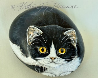 Cat stone, acrylic, hand painted, painting, black and white cat, stone cat (#BFB22010)