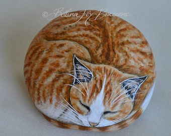 Cat stone, acrylic, hand painted, painting, red-tigered cat, stone cat (#BFB22002)