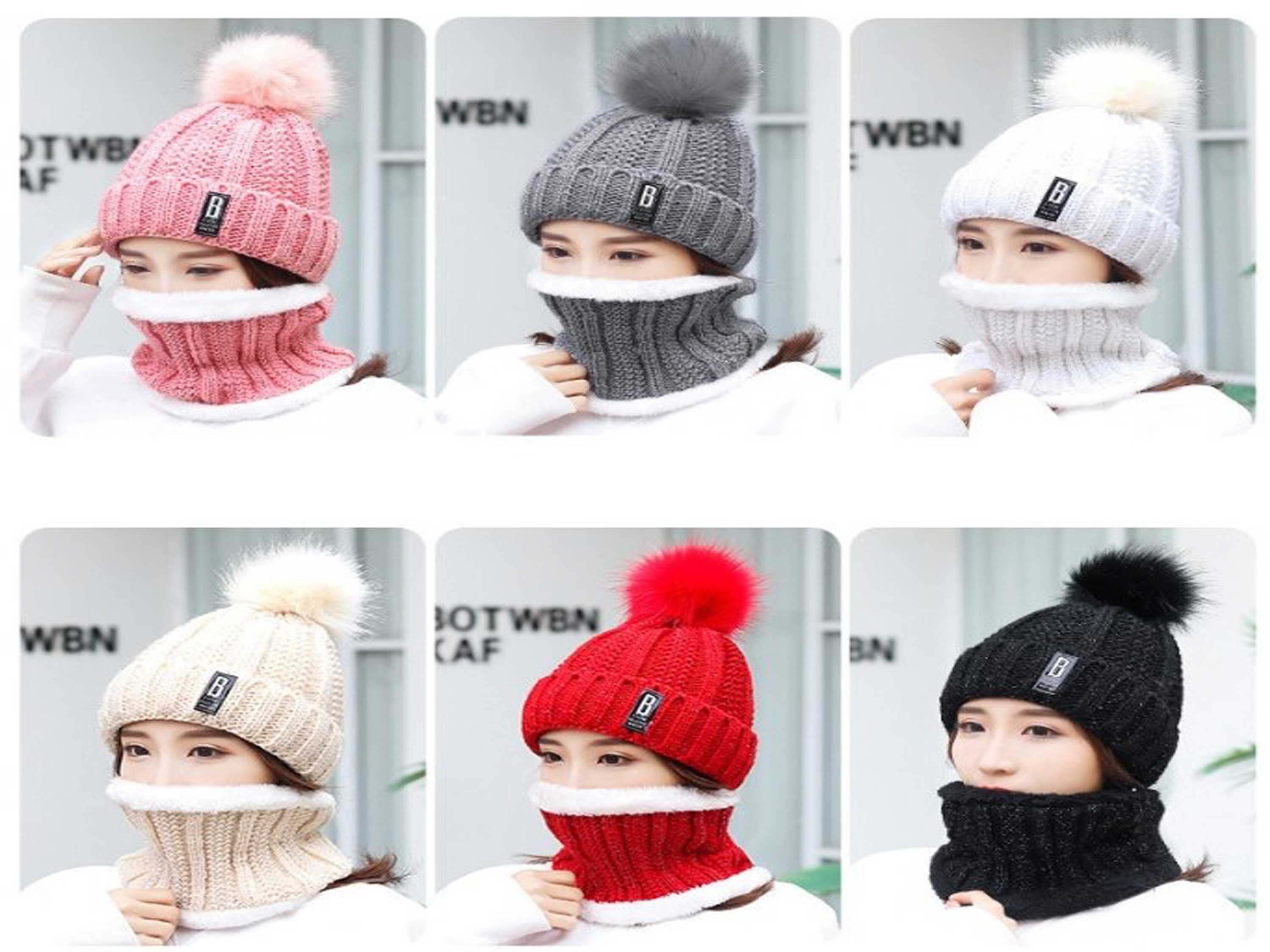 Gorros de invierno con forro polar para mujer, gorro de punto, bufanda,  máscara, cálido y suave, gorro de calavera suave con pompón, gris JAMW