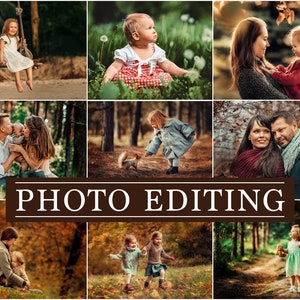May include: A collage of nine photos with a warm, autumnal color palette. The images feature children and families in outdoor settings. The text "PHOTO EDITING" is displayed in a brown banner across the center of the collage.