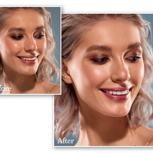 May include: A side-by-side comparison of a person's face, labeled "Before" and "After." The "Before" image shows a face with less makeup, while the "After" image shows a face with enhanced makeup, including eye shadow and lip color.