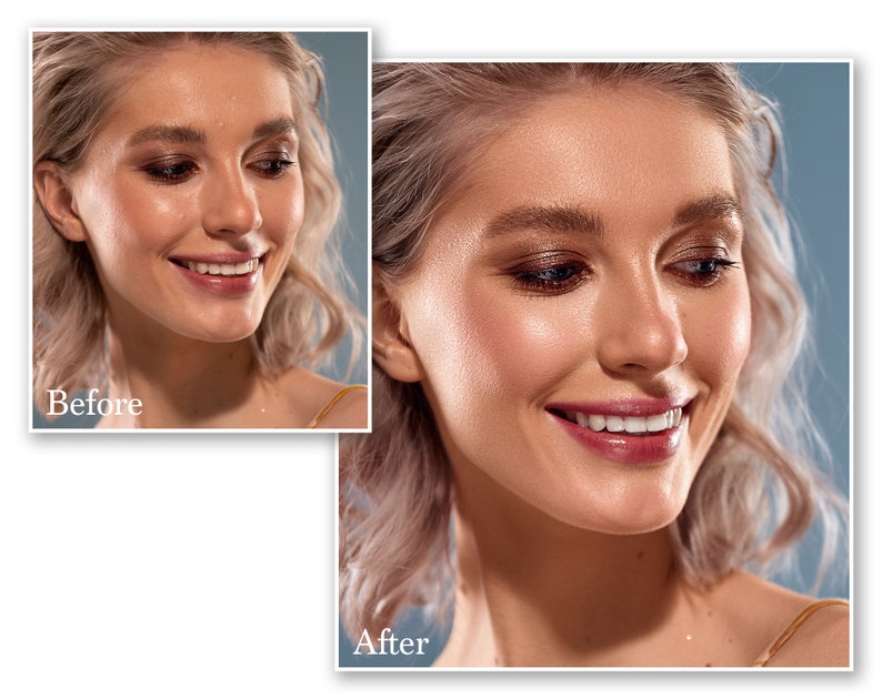 May include: A side-by-side comparison of a person's face, labeled "Before" and "After." The "Before" image shows a face with less makeup, while the "After" image shows a face with enhanced makeup, including eye shadow and lip color.