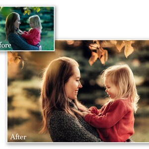 May include: A heartwarming image of a woman holding a young child outdoors. The woman wears a gray sweater, and the child is in a red sweater. The image has a soft, natural lighting, with the text "Before" and "After" in the corners.