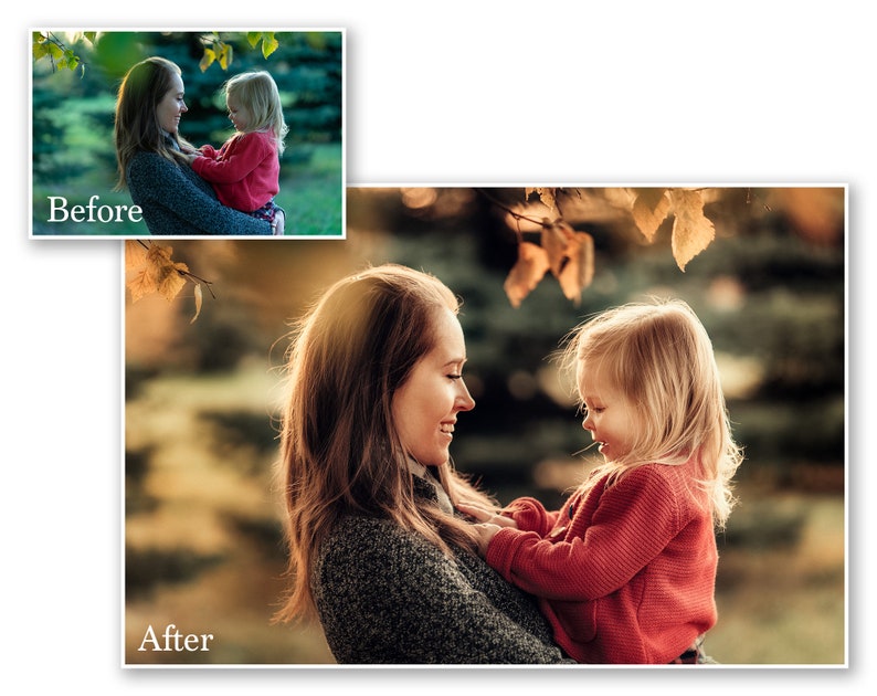 May include: A heartwarming image of a woman holding a young child outdoors. The woman wears a gray sweater, and the child is in a red sweater. The image has a soft, natural lighting, with the text "Before" and "After" in the corners.