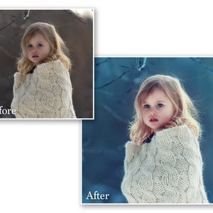 May include: A young girl with blonde hair and blue eyes is wrapped in a cream-colored, chunky knit blanket. The image is a portrait, with a soft focus and a natural outdoor setting. The words "Before" and "After" are visible.