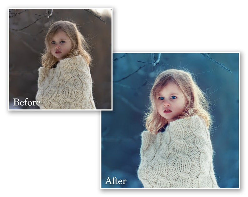 May include: A young girl with blonde hair and blue eyes is wrapped in a cream-colored, chunky knit blanket. The image is a portrait, with a soft focus and a natural outdoor setting. The words "Before" and "After" are visible.