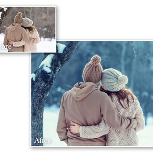 May include: A couple embracing outdoors in winter. They are wearing matching knit hats with pom-poms and warm sweaters. The scene is set in a snowy environment with a tree in the background. The image has a soft, romantic feel.