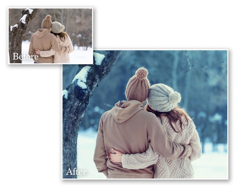 May include: A couple embracing outdoors in winter. They are wearing matching knit hats with pom-poms and warm sweaters. The scene is set in a snowy environment with a tree in the background. The image has a soft, romantic feel.