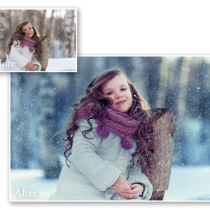 May include: A young person with long brown hair wearing a white coat and a purple scarf with pom-poms, smiling in a snowy outdoor scene. The image is labeled "Before" and "After" to show a photo edit.
