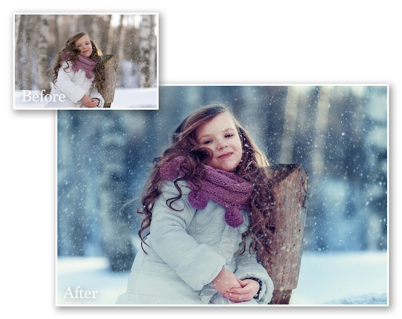 May include: A young person with long brown hair wearing a white coat and a purple scarf with pom-poms, smiling in a snowy outdoor scene. The image is labeled "Before" and "After" to show a photo edit.